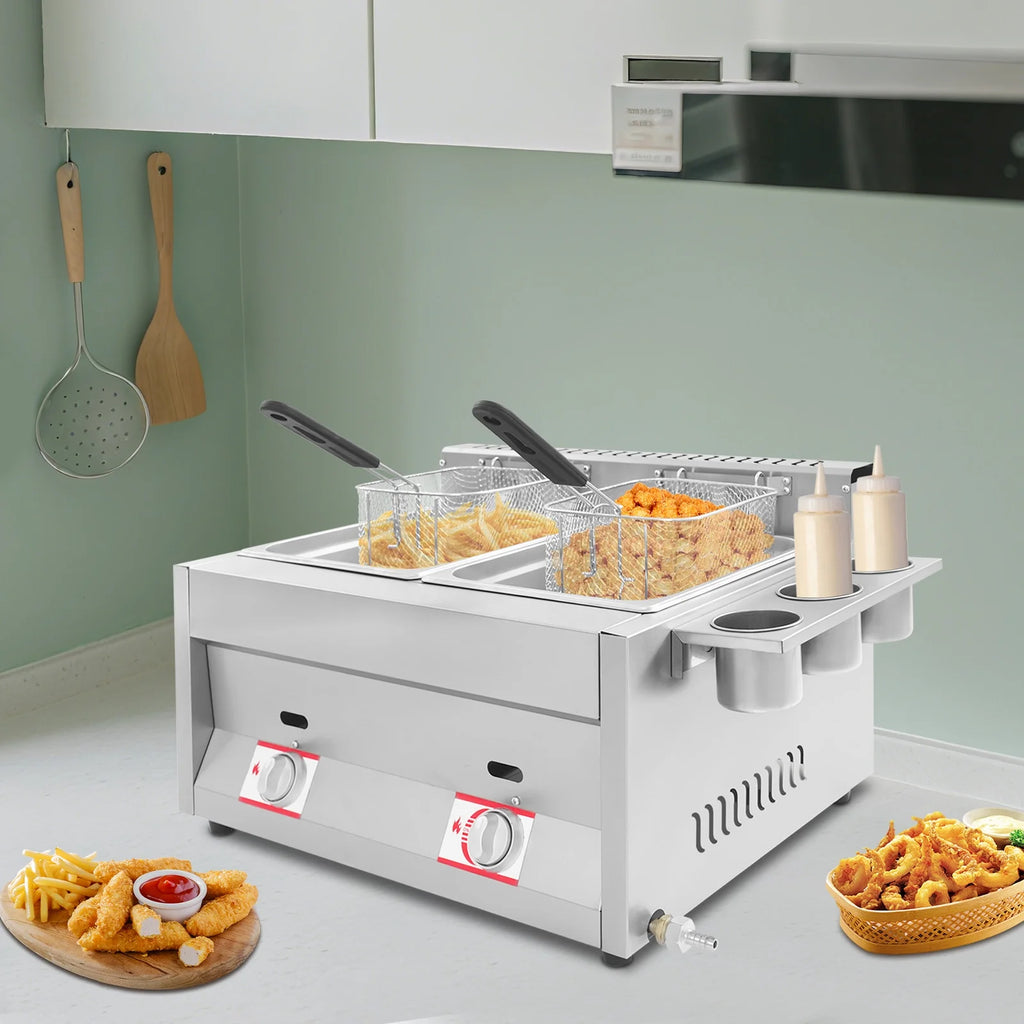 12L 3.17Gal Dual Tank Gas Fryer 430SS Commercial Deep Fryer