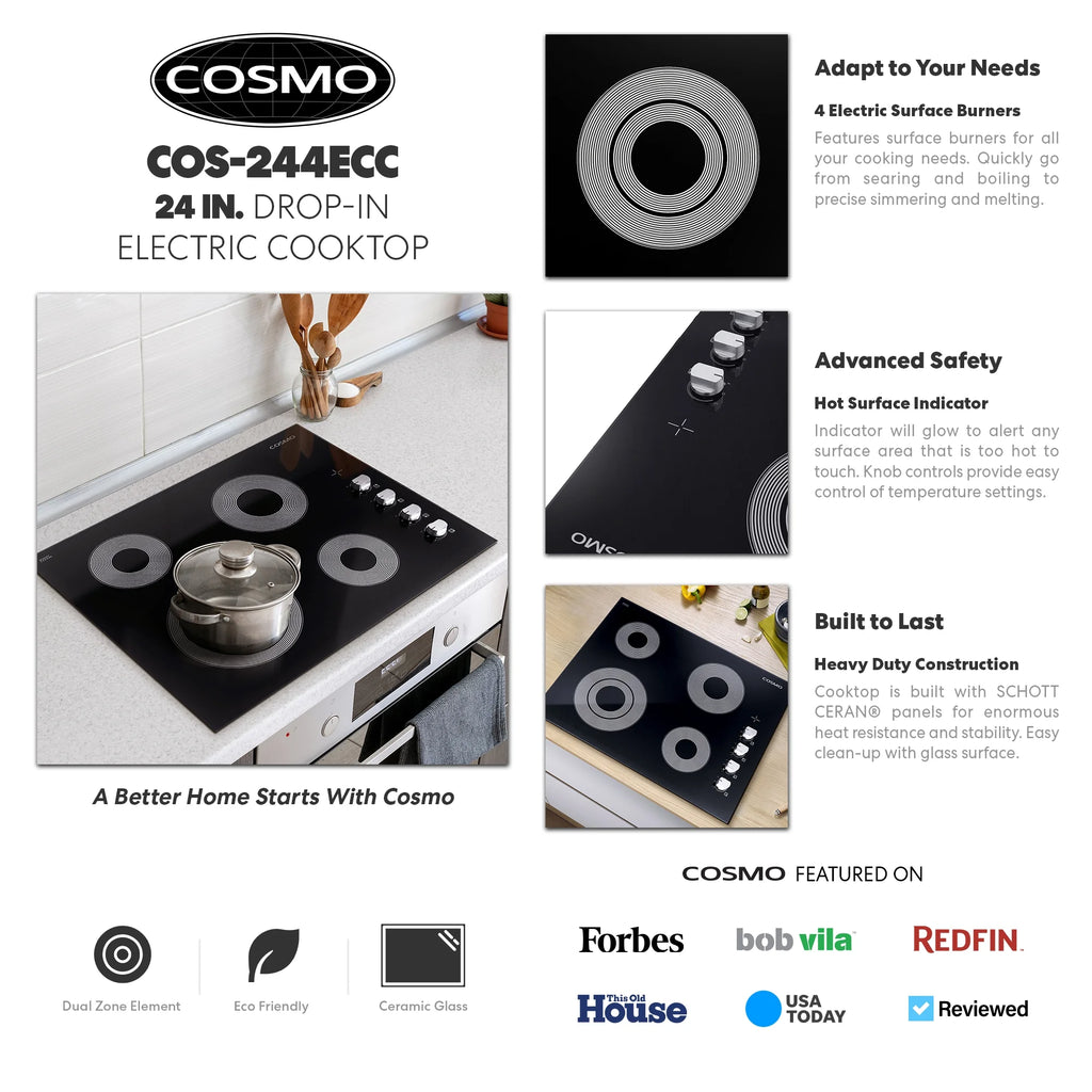24 in. Electric Ceramic Glass Cooktop with 4 Elements Dual Zone Element