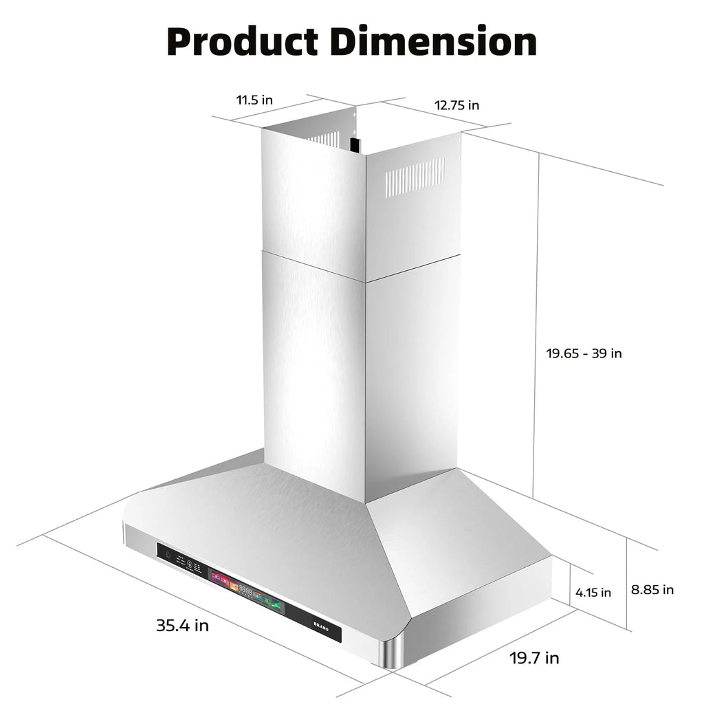 Brano 30-Inch Canopy Range Hood, Wall Mount, 900 CFM, 4-Speed Exhaust Fan, Stainless Steel, LED Lights, Memory Mode