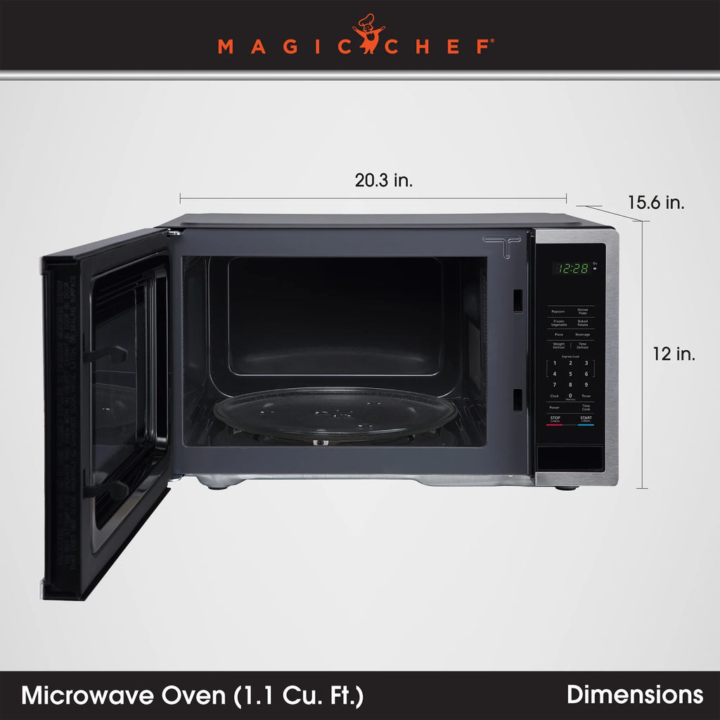 Magic Chef 1.6 Cu. ft. 1100W Countertop Microwave Oven with Push-Button Door in Black, New