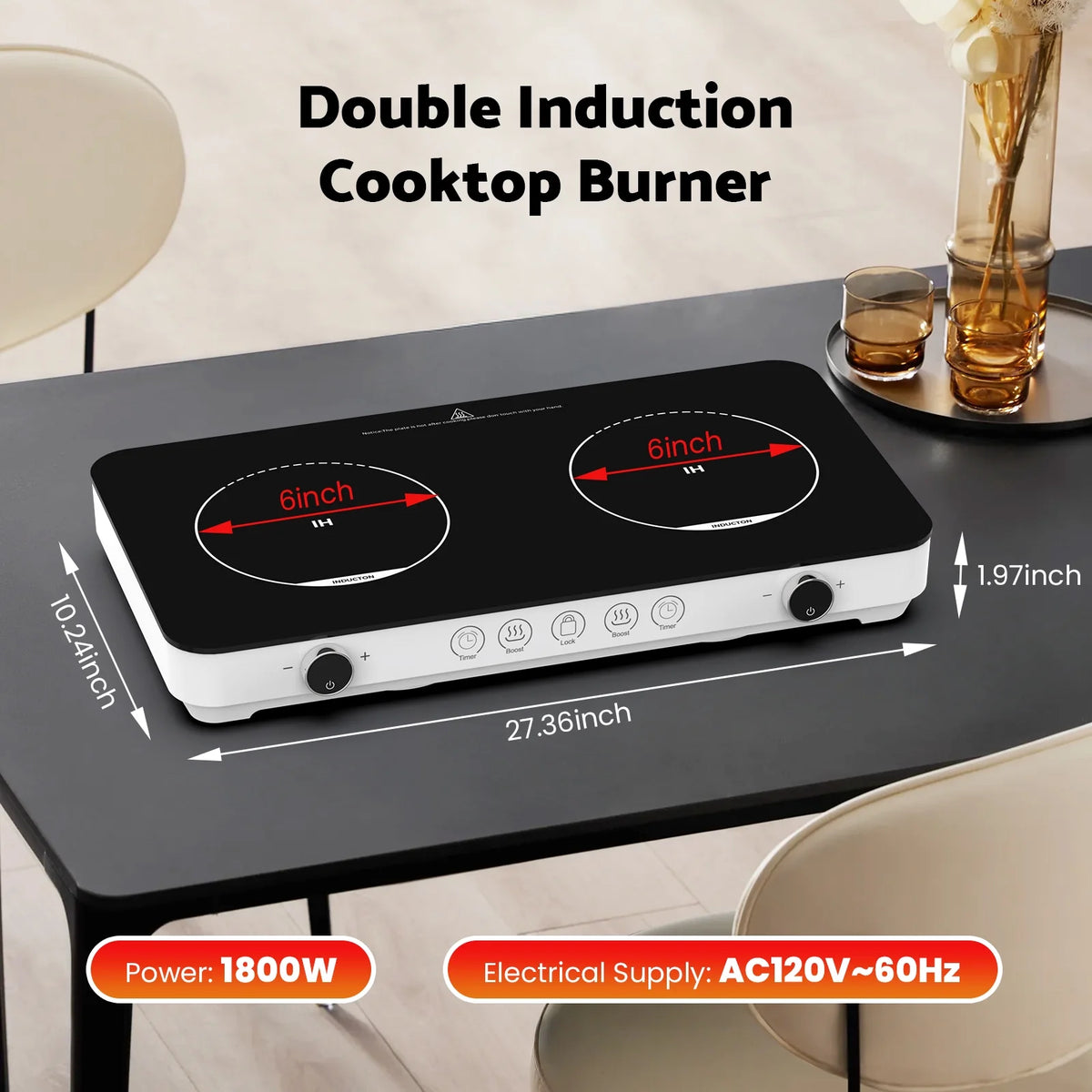Advwin Double Induction Cooktop Burner, 1800W Portable Induction Cooktop with 8 Temperature & Power Levels, Timer, Child Lock, Independent 2 Burner Control, Ultra-Thin Design