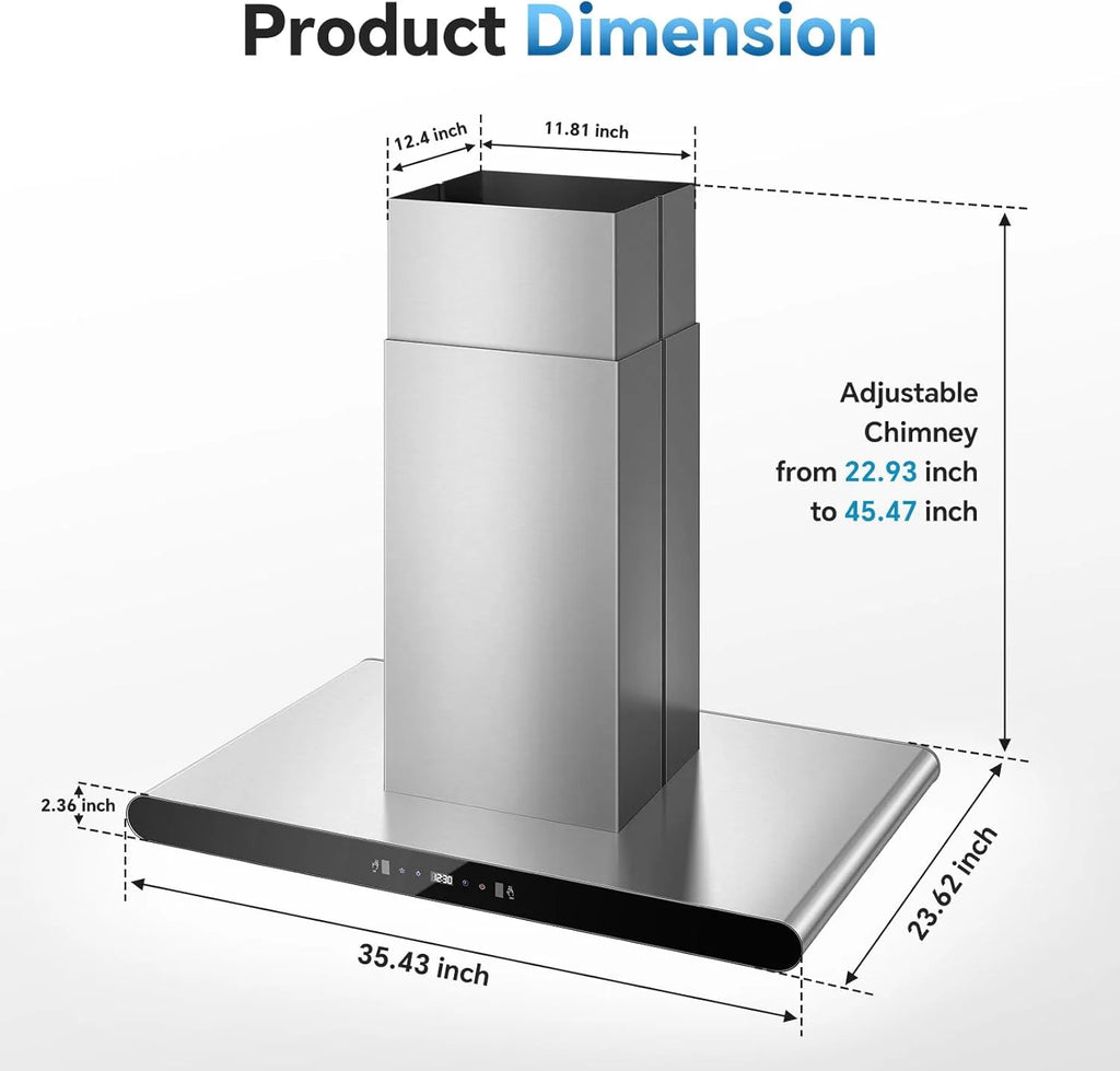 Island Range Hood 36 Inch, 700 CFM kitchen Hood with Dual-Sided Touch/Gesture/Remote Control, Ceiling Mount, Convertible Ducted/Ductless, 3-Speed Fan, 3 Stainless Steel Baffle Filters