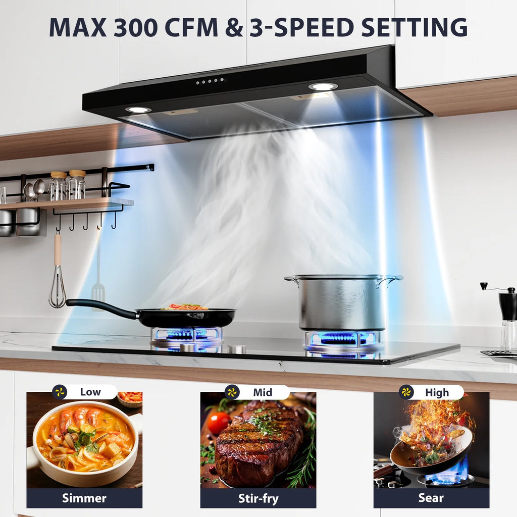 GRACEALL 30 Inch Range Hood Under Cabinet Oven Vent Hood, Ducted/ Ductless Convertible Kitchen Extractor, Stainless Steel Stove Exhaust Fan, Charcoal Filter and Exhaust Pipe Included