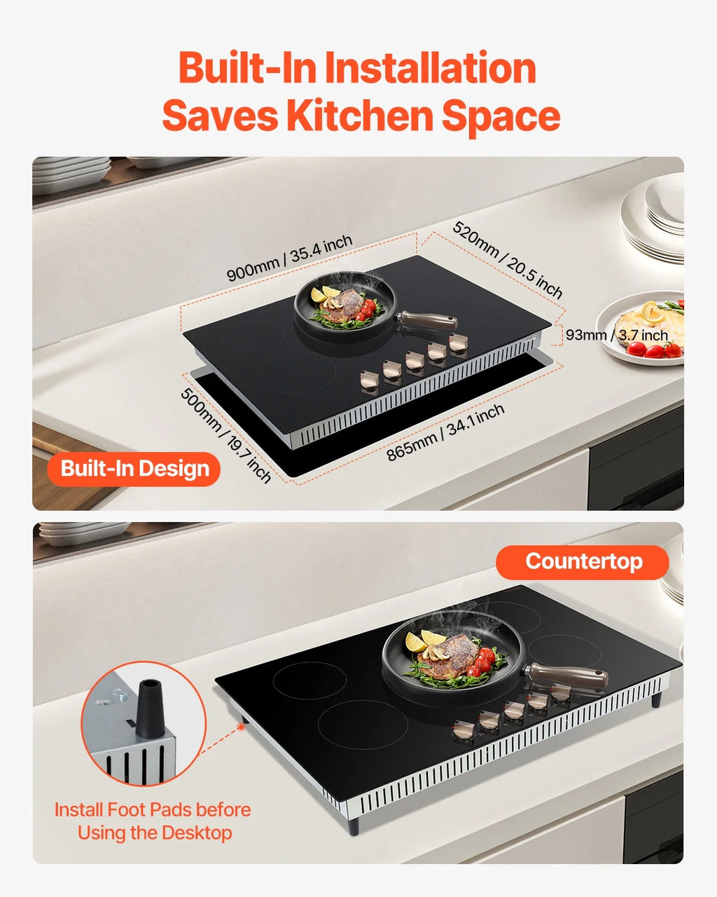 KFFKFF 5 Burner Electric Cooktop, 9200W 36" Ceramic Glass Stove Top Burner, Built In or Countertop, with Control Knobs, 12 Heat Levels, Glass Top, Automatic Power-Off for Indoor Outdoor Cooking
