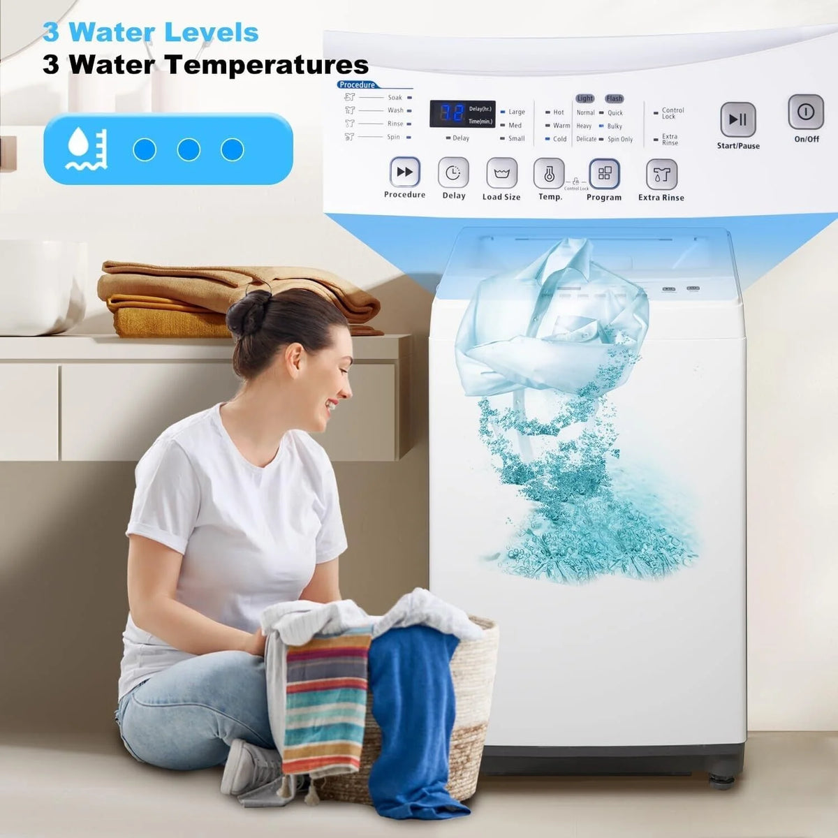 Techomey Compact Washing Machines 1.7 Cu ft Single Use in Schools and apartments 12lbs White Washer