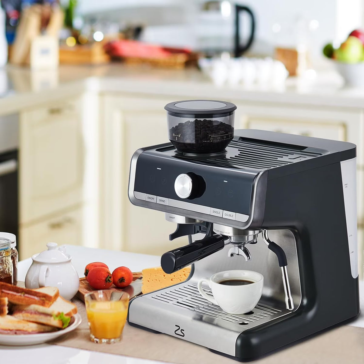 COZONY Espresso Machine 15 Bar, 2.5 L Water Tank, Semi Automatic Coffee Maker with Grinder, Milk Frother/Steam Wand, Italian Pump, All-in-One Espresso Machine, Stainless Steel, Silver