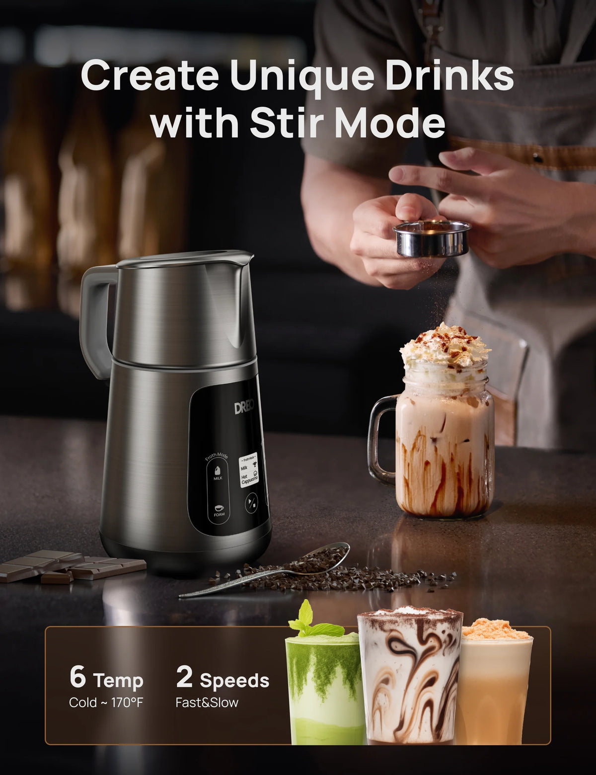 Dreo All-in-1 BaristaMaker Milk Frother, Electric Foam Frother for Latte Art Microfoam and Coffee, 15oz/450ml Automatic Milk Warmer with 30 Drinks, Dishwasher Safe, Dairy/Plant-Based Milk