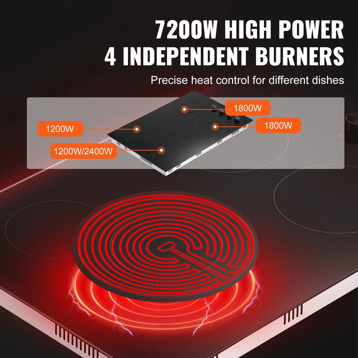 KFFKFF Built-in 4 Burner Electric Cooktop, 7200W Electric Range, 30" Electric Cooktop with Glass Surface, Knob Control, 11 Temperature Settings, 220-240V, Direct Wiring Required