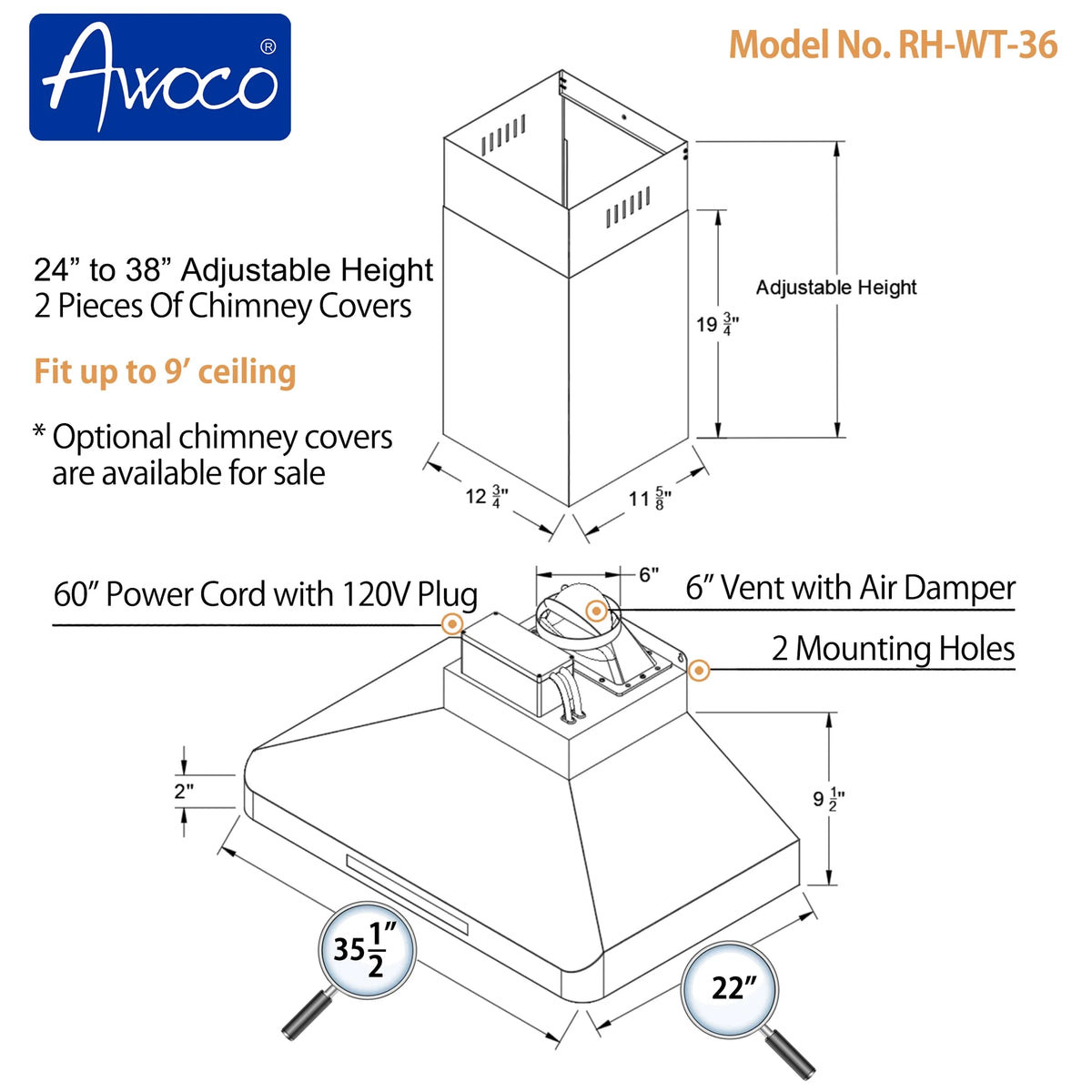 Awoco RH-WT-30 Awoco RH-WT-30 Wall Mount 4 Speeds, 6 Top Round Vent Stainless Steel Range Hood