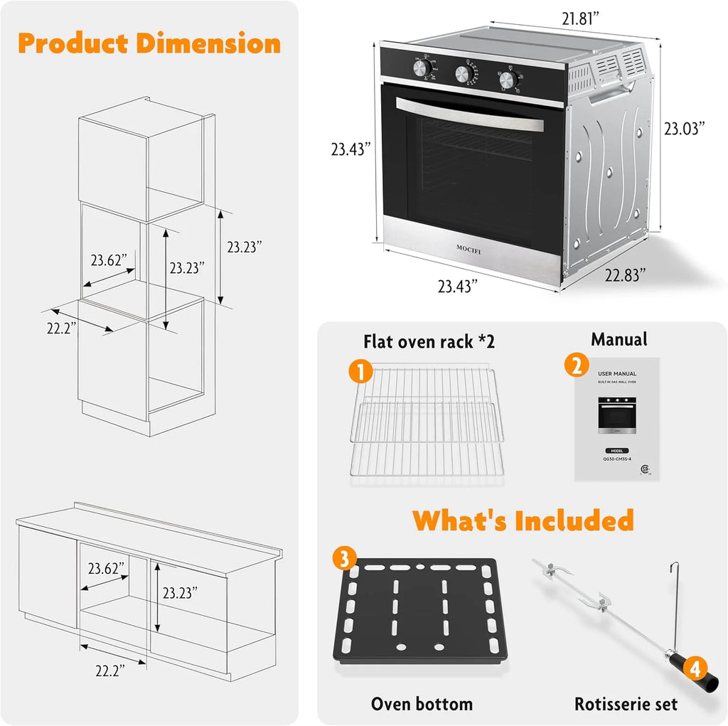 24 Inch 2.3 cu. Ft. Single Gas Wall Oven, Bake Broil Rotisserie, Mechanical Controls, Built-in Timer, Convection Fan in Stainless Steel