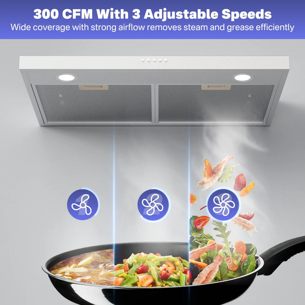 Graceall 29 Inch Under Cabinet Range Hood, Slim Stainless Steel Kitchen Vent Hood 300 CFM Ultra Quiet Brushless Motor, Ducted/Ductless Convertible with LED Lights & Dishwasher Safe Filters