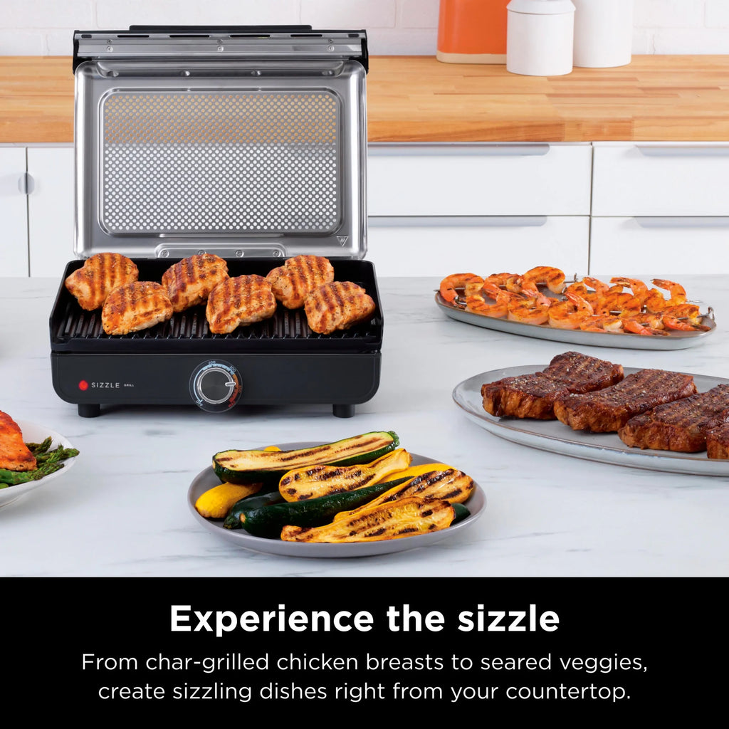 Ninja Sizzle Indoor Grill, 14'' Nonstick Grill Plate, Dishwasher-Safe Removable Mesh Lid, Even Edge-to-Edge Cooking, Black/Silver, GR100