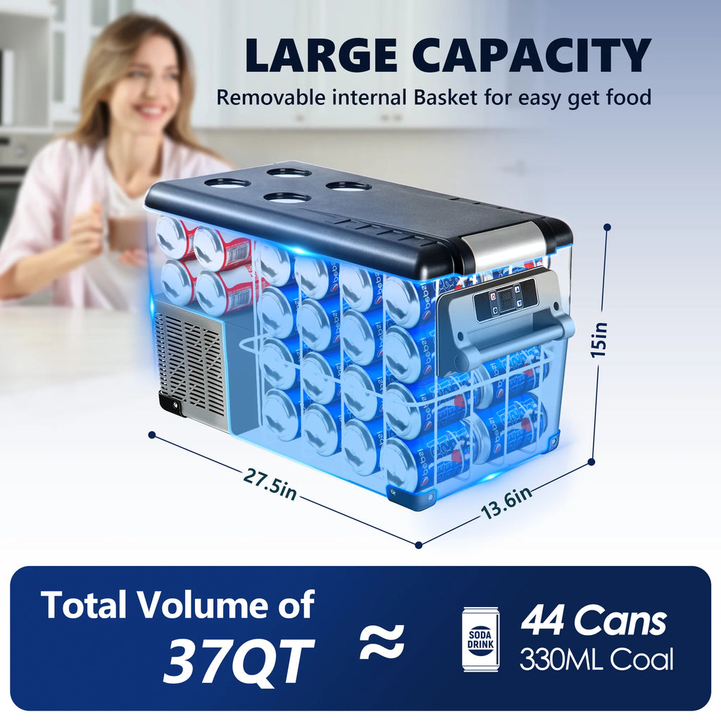 Simzlife 12 Volt Car Refrigerator, 37QT(35L) RV Refrigerator, Freezer Fridge Cooler DC & AC, for Home, Travel, Camping, Fishing, RV and Outdoor, Gray