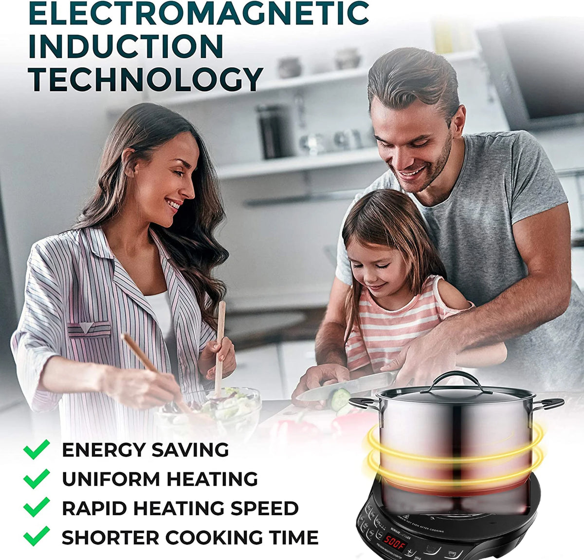 Nuwave Portable Induction Cooktop Flex, 10.25-inch Shatter-Proof Ceramic Glass and Large 6.5-inch Heating Coil, 3 Wattage Settings 600, 900 & 1300 Watts, Hot
