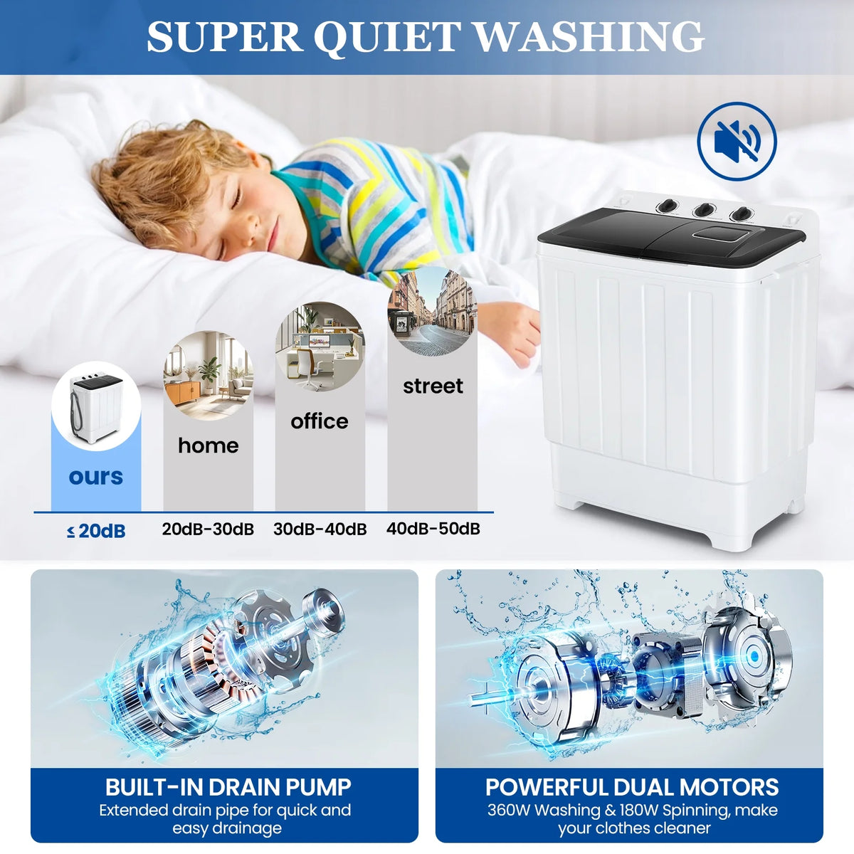 Veeboto Portable Washing Machine, 30LBS Twin Tub Mini Compact Laundry 19lbs Washer/11lbs Spinner with Drain Pump & Time Control Washer Spinner Combo, White