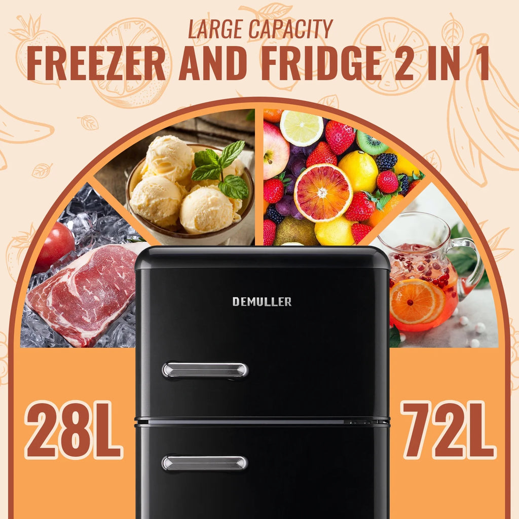 DEMULLER Mini Fridge with Freezer Small Refrigerator Double Door Drinks Holder for Office Black New