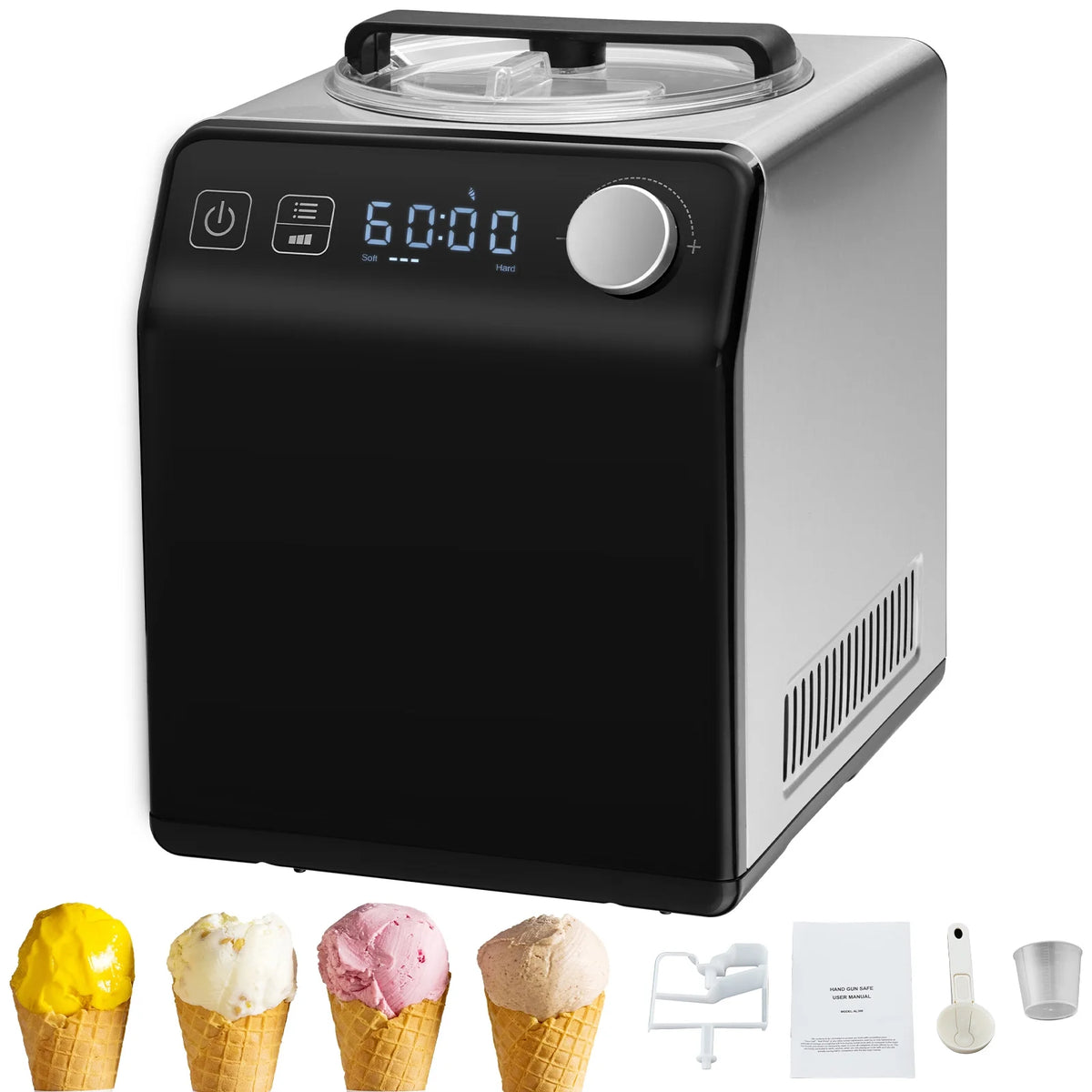 KFFKFF Vertical Ice Cream Machine with Integrated Compressor, 2 Quart Instant Fruit Yogurt Device, Stainless Steel Electronic Sorbet Creator, 4 Function Gelato Producer with Digital Screen & Timer