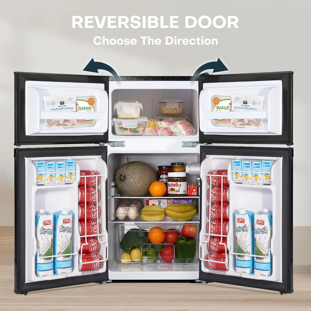 Upstreman 3.1 Cu.Ft Mini Fridge with Freezer, Double Door Small Fridge, Dorm Essentials, Adjustable Thermostat, Energy Saving, Mini Refrigerator for Office, Dorm,Bedroom, Stainless