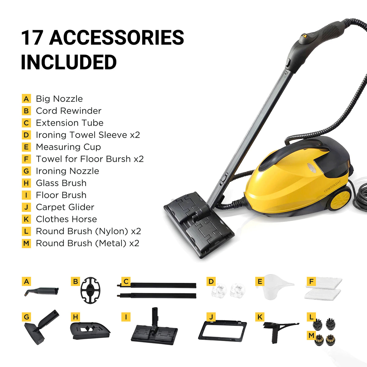 Comforday 1500W Multipurpose Steam Cleaner with 17 Piece Accessories, Household Steamer with 1.5L Tank