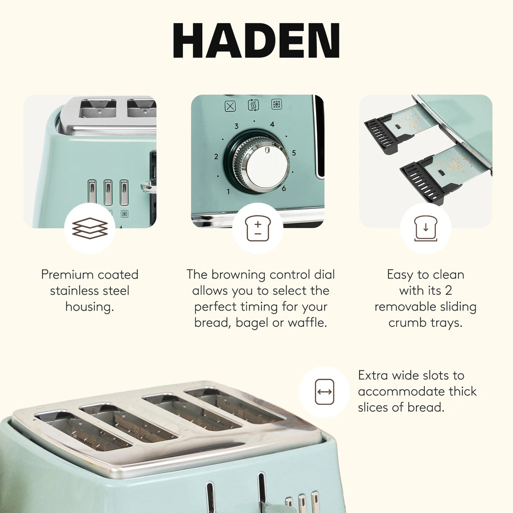 Haden Cotswold 4-Slice Wide Slot Toaster, Sage - 75100