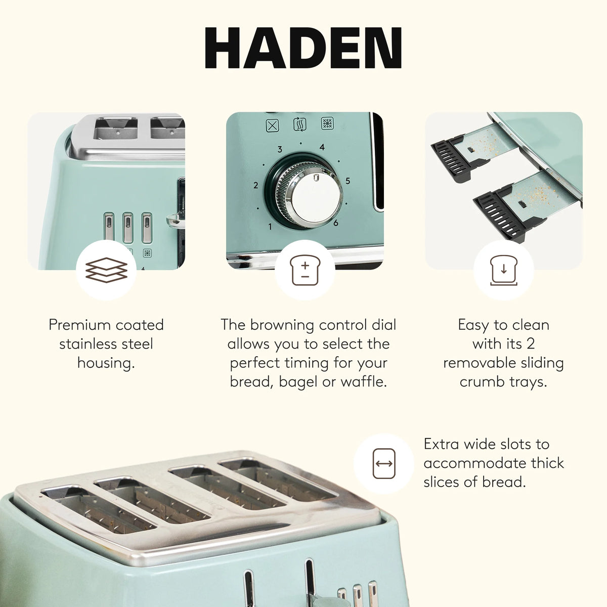 Haden Cotswold 4-Slice Wide Slot Toaster, Sage - 75100