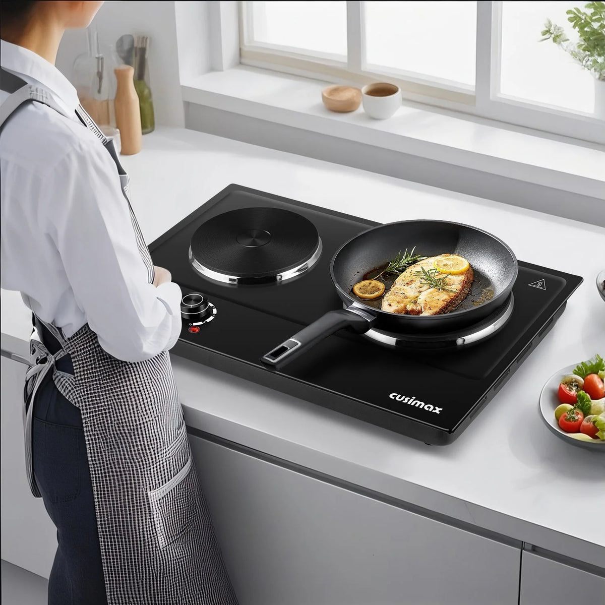 CUSIMAX 1800W Portable Double Burner Hot Plate �?Stainless Steel Countertop Electric Cooktop with Dual Cast Iron Heating Plates, Easy-to-Clean Silver Design, Upgraded Version