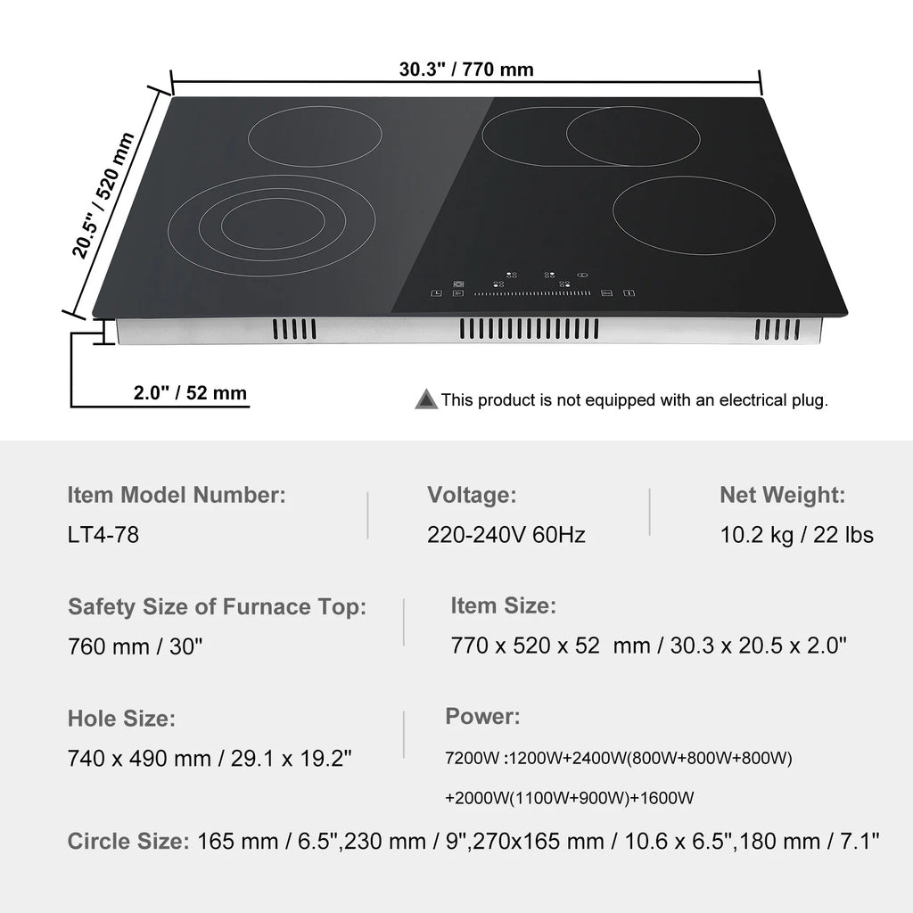 KFFKFF Ceramic Cooktop, 30" 4 Burners Induction Stovetop, 240V 7200W with Touch Control, Timer & Child Lock, 9 Temperature Levels for Diverse Culinary Tasks