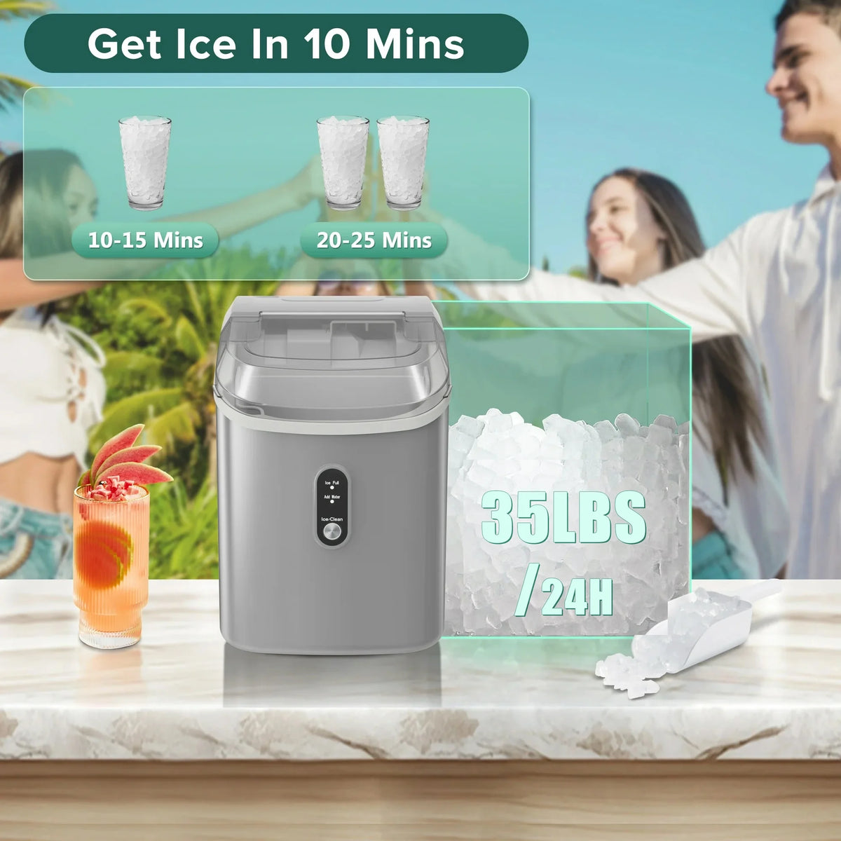 KISSAIR Nugget Ice Maker Countertop with Soft Chewable Pellet Ice, Portable Ice Machine with Handle, 35lbs/24H, Grey