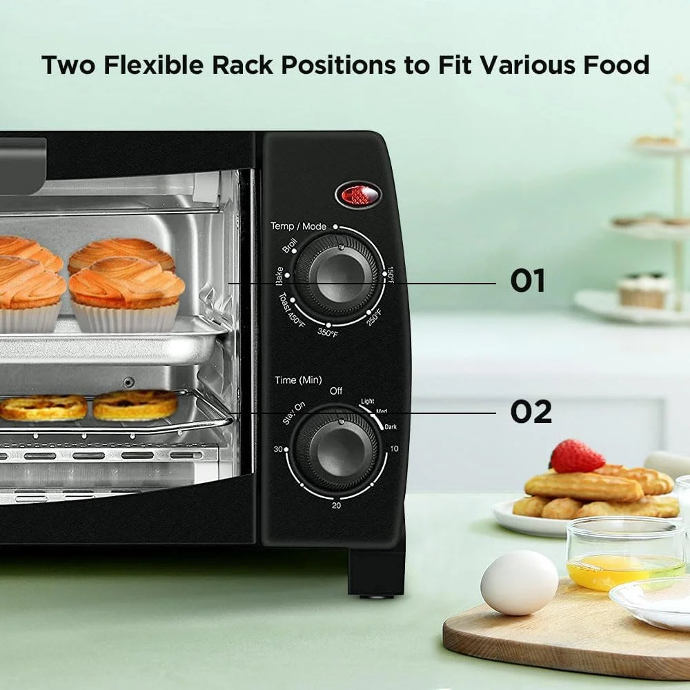 COMFEE' Mini 2-Slice Toaster Oven, Countertop toaster oven, 2-Knobs Easy to Control with Timer for Bake, Broil, Toast, 1000W, Black/White (CO-B08AA(BK))