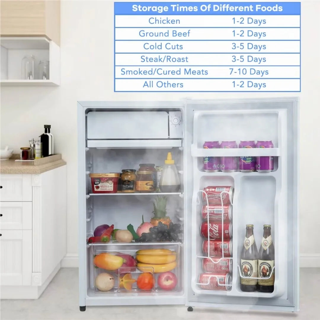 Mini Fridge with Freezer, 3.2 Cu. Ft Small Refrigerator with Adjustable Thermostat, Reversible Door for Home Office, White