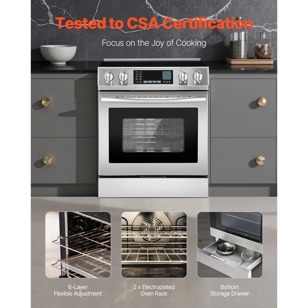 KFFKFF 30-Inch Electric Range Oven, 4.8 Cu. Ft. Freestanding Stainless Steel Stove, Features 5 Burners, Timer, Self-Cleaning, Air Fry Function, Adjustable Racks, and Storage Drawer, Silver