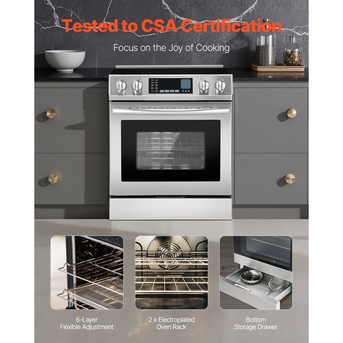 KFFKFF 30-Inch Electric Range Oven, 4.8 Cu. Ft. Freestanding Stainless Steel Stove, Features 5 Burners, Timer, Self-Cleaning, Air Fry Function, Adjustable Racks, and Storage Drawer, Silver