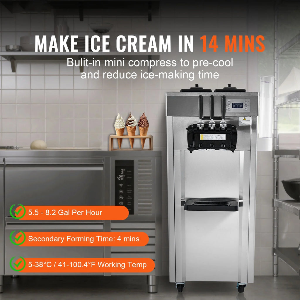 KFFKFF Commercial Soft Ice Cream Machine 21-31 L/H Output 3-Flavor  LED Display Auto Clean 4.3L/1.1GAL Hopper ,1.7L/0.45gal Cylinder