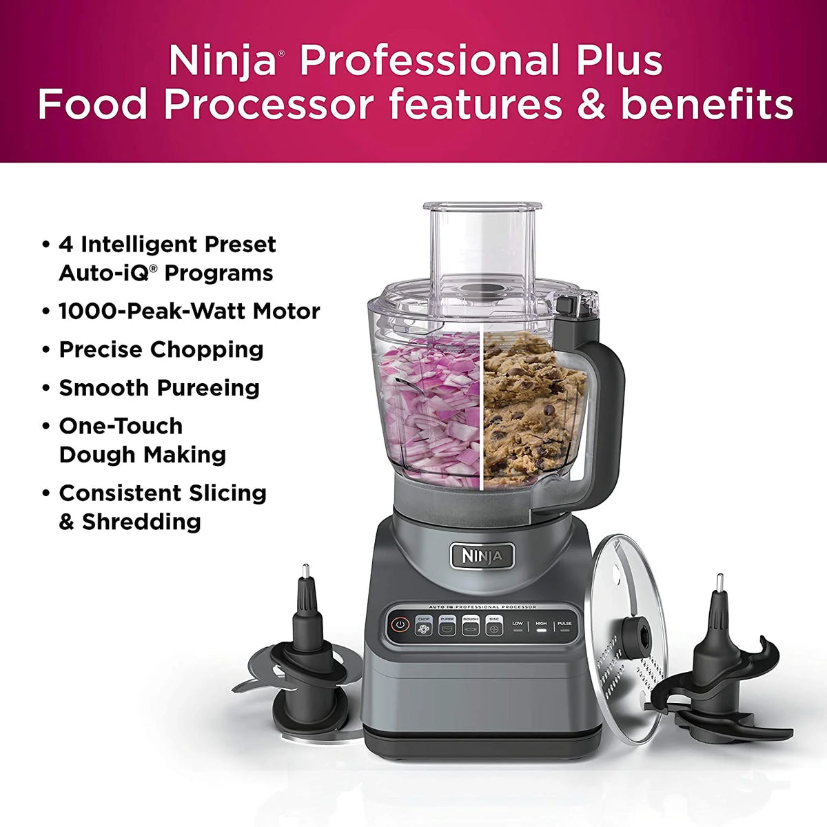 Restored Ninja BN601 Plus Food Processor 1000 Watts Autoiq, Chop Slice Shred, 9Cup Silver Stainless (Refurbished)