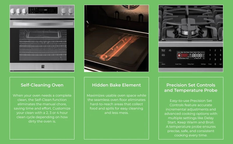Kenmore 22-76853 5.6 cu. ft. Front-Control 5 Burner True Convection Gas Range with Oven, Large Window, Three Oven Racks, Dishwasher Safe Cast Iron Grates