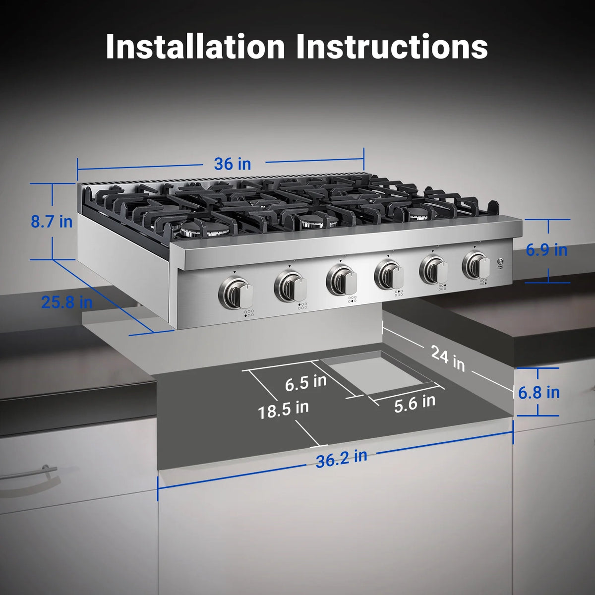 Sunmaki Gas Cooktop 36 inch Built-in Gas Stove with 6 Sealed Burner for Cooking, Gas Grilling, Propane Cooktop NG/LPG Switch
