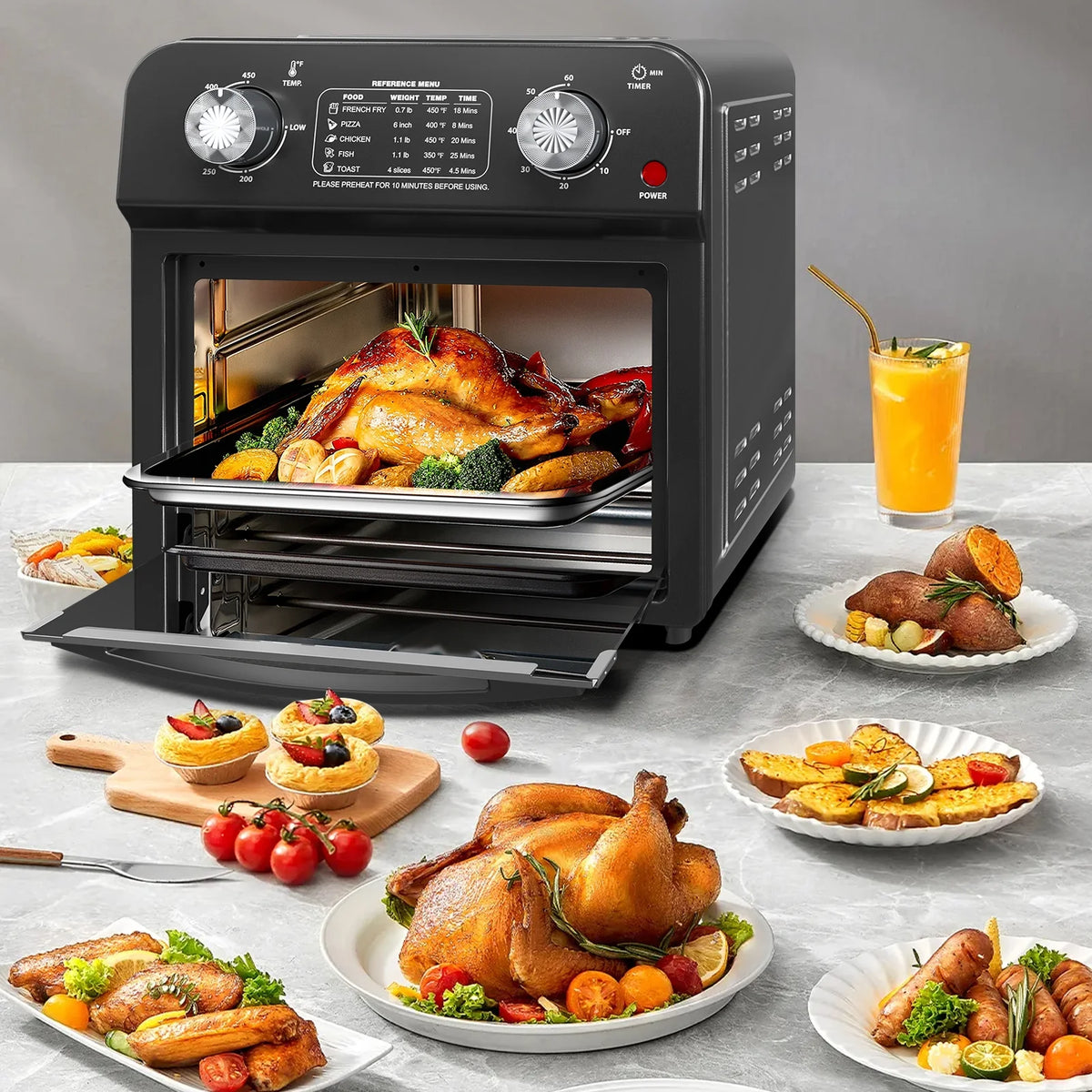 PlumChef 13 Quart 4 Slices Air Fryer Convection Toaster Oven, 1500W, 7 in 1 Multifunction with Roast, Bake, Grill, Broil, Toast, Dehydrate, Defrost, Stainless Steel