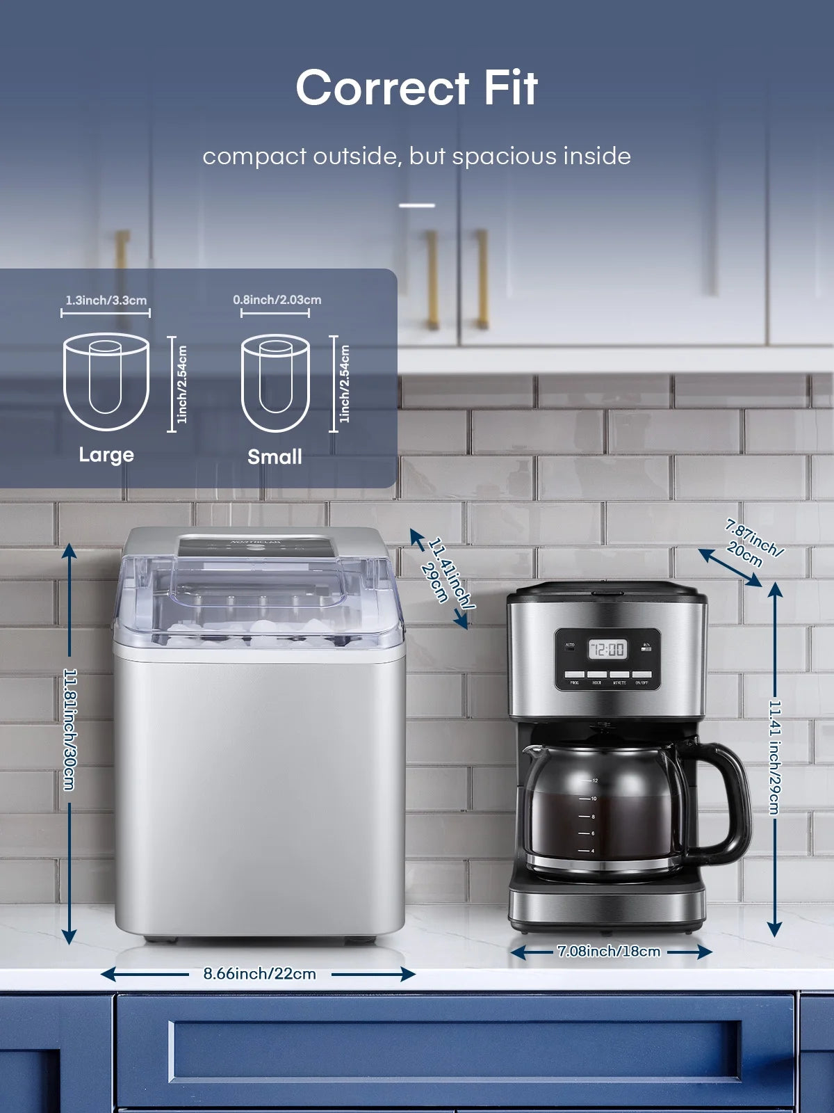 Ice Maker Countertop 2 Ice Sizes, 30 lbs Bullet Ice in 24H, Self-Clean, 9 Cubes in 5 Mins, FOHERE