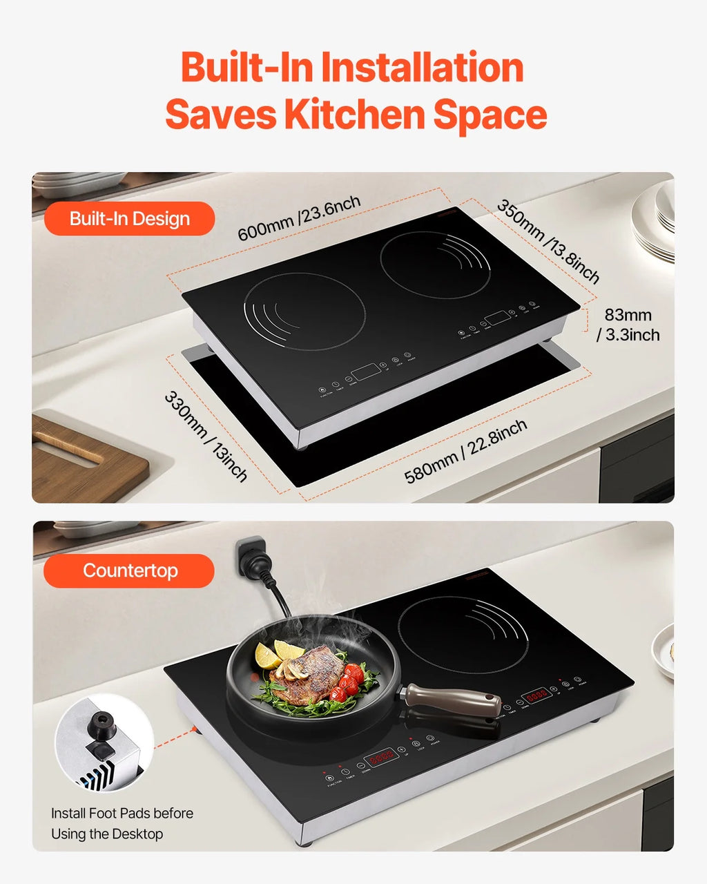 KFFKFF Induction Stove, 1800W Electric Countertop 2 Burner, Electric Cooktop with Touch Controls, Integrated Induction Stove with 9 Energy Levels, Safety Feature for Kids, Timer Function, Glass Top