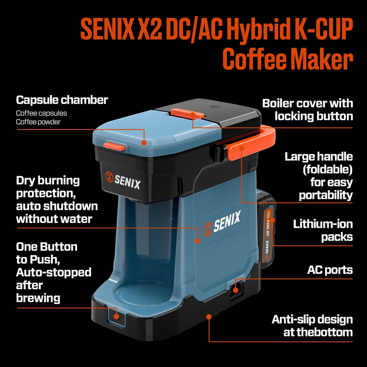 SENIX Single Serve Coffee Maker, Plug-in & Battery Coffee Machine, 8oz, Compatible with K-Cup, Grounds, Pods for Travel, Camping, Outdoor, Home, Job Sites �� Includes Battery & Charger