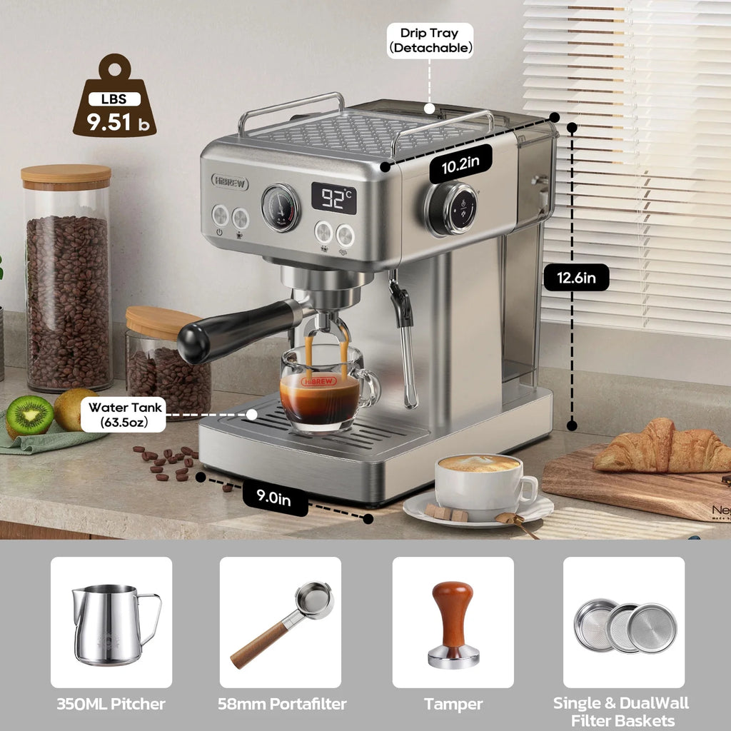 HiBREW 58mm Espresso Machine H10A, 20 Bar Coffee Maker with Milk Frother Steam Wand, Stainless Steel Coffee Machine for Home Use