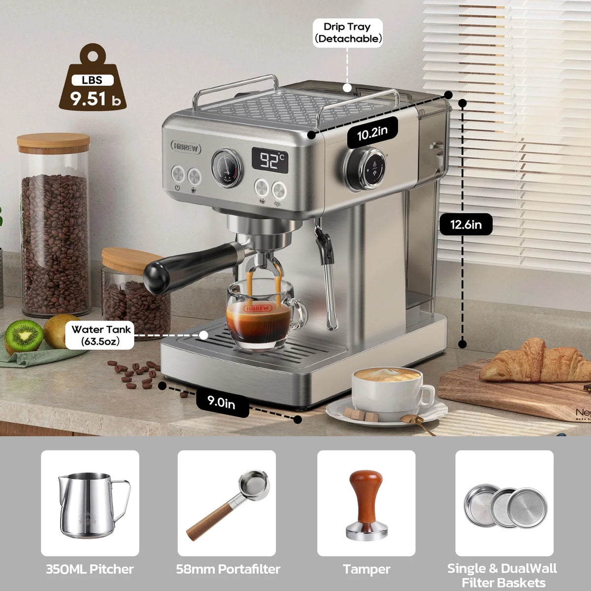 HiBREW 58mm Espresso Machine H10A, 20 Bar Coffee Maker with Milk Frother Steam Wand, Stainless Steel Coffee Machine for Home Use