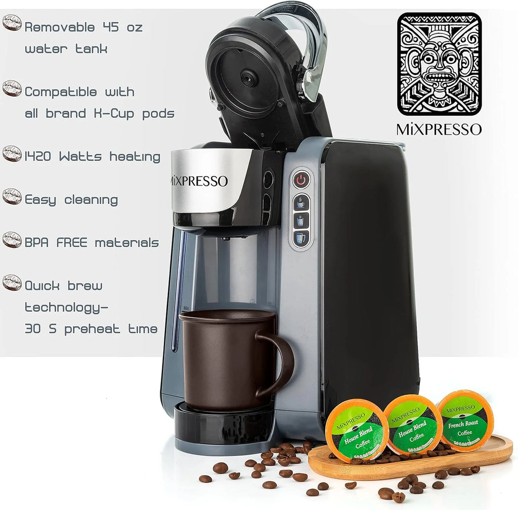 Mixpresso Single Cup Coffee Maker Compatible With 1.0 & 2.0 Single Cup Pods, Removable 45oz Water Tank, Quick Brewing with Auto Shut-Off, One Touch Function (Red/Black)