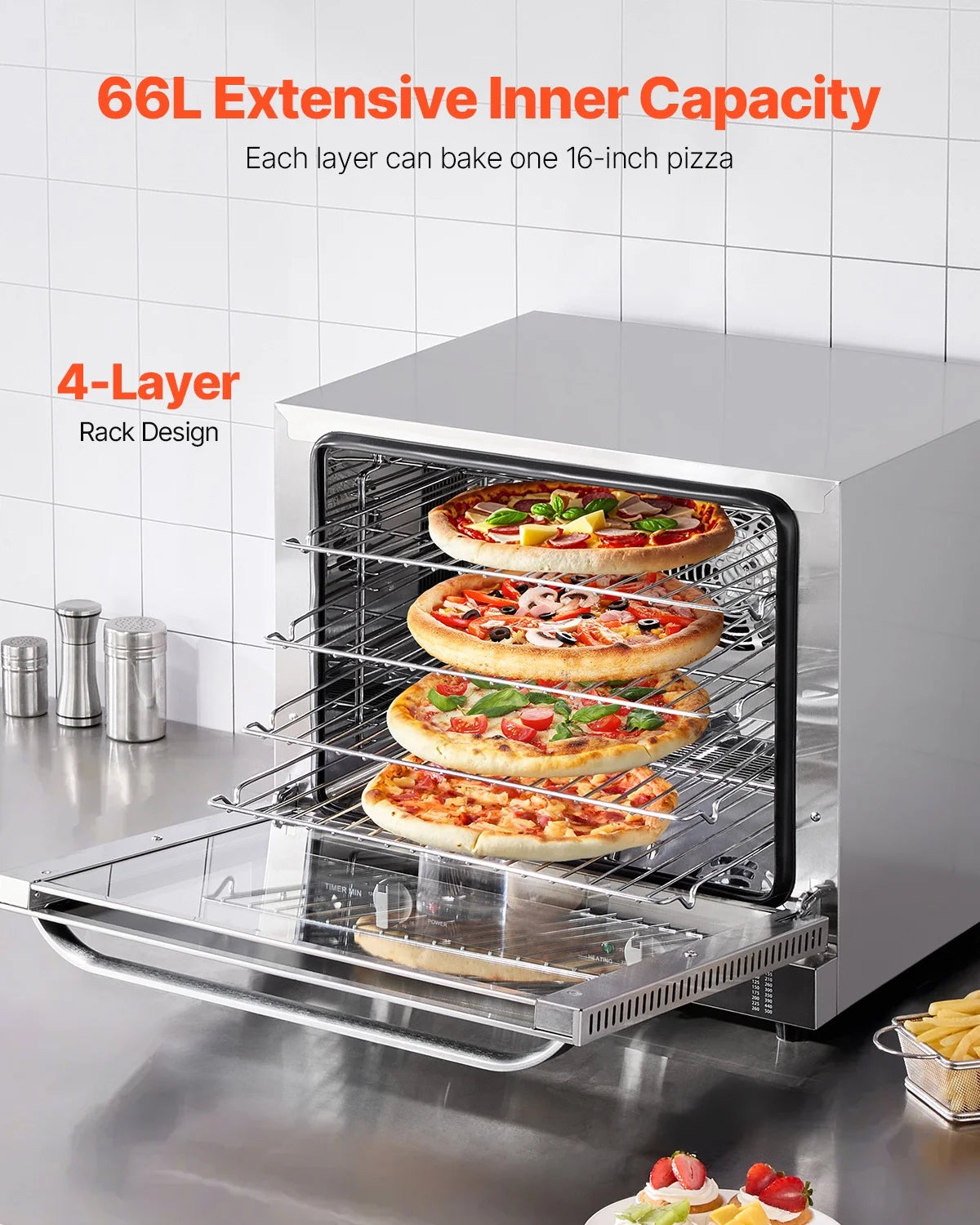 KFFKFF Professional Counter-Top Oven, 66L 4-Level Roasting Oven, 2800W Electrical Cooking Oven with Reinforced Glass Door, Wire Shelves, Clip Tray, Gloves, Stainless Steel Industrial Oven