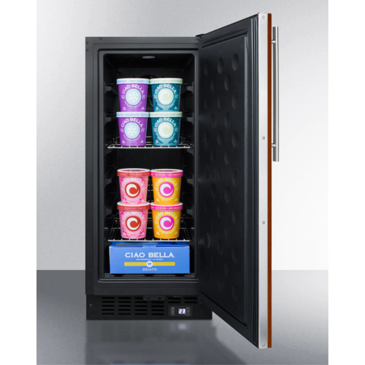 15" wide frost-free freezer for built-in or freestanding use, with integrated door frame to accept overlay panels