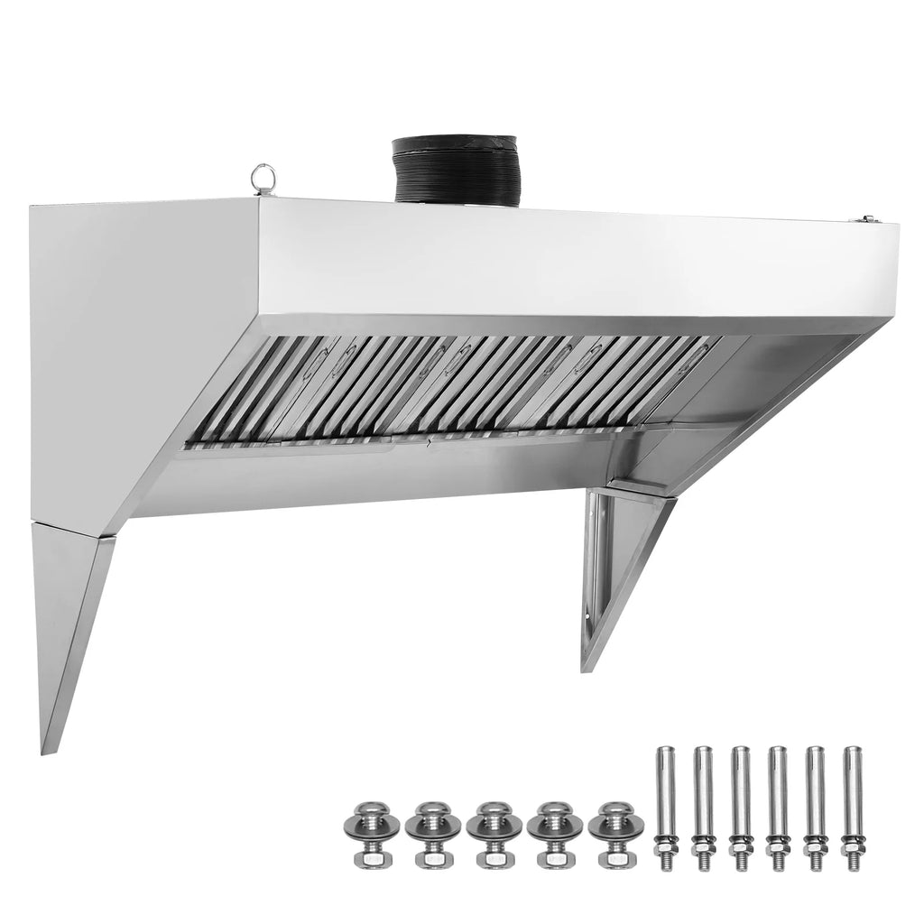 KFFKFF 8FT Range Hood, Stainless Steel Commercial Exhaust Hood, with Rust-Proof Construction and 4 Removable U-shaped Oil Filtration Meshes, Designed for Food Trucks and Concession Trailers