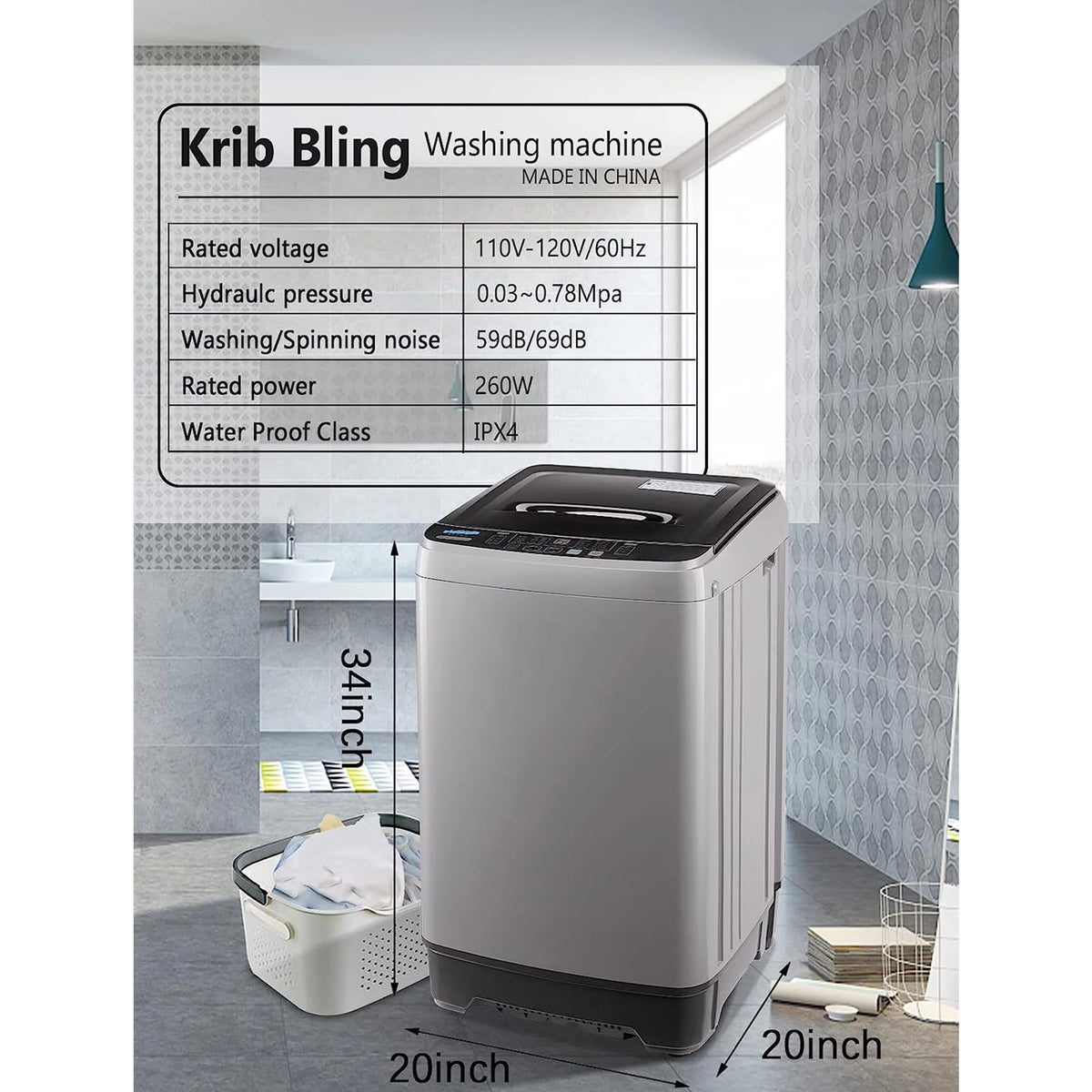 Full-Automatic Washing Machine, Portable Laundry Washer, Compact 17.7 lbs, LED Display, Drain Pump, 10 Wash Programs 8 Water Levels