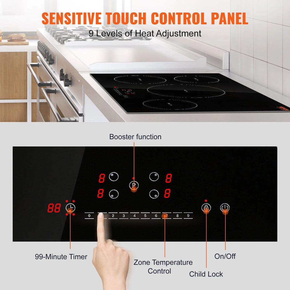 HCY Electric Cooktop, 4 Burners, 30'' Induction Stove Top, Built-in Magnetic Cooktop 7500W, 9 Heating Level Multifunctional Burner, LED Touch Screen with Child Lock & Over-Temperature Protection
