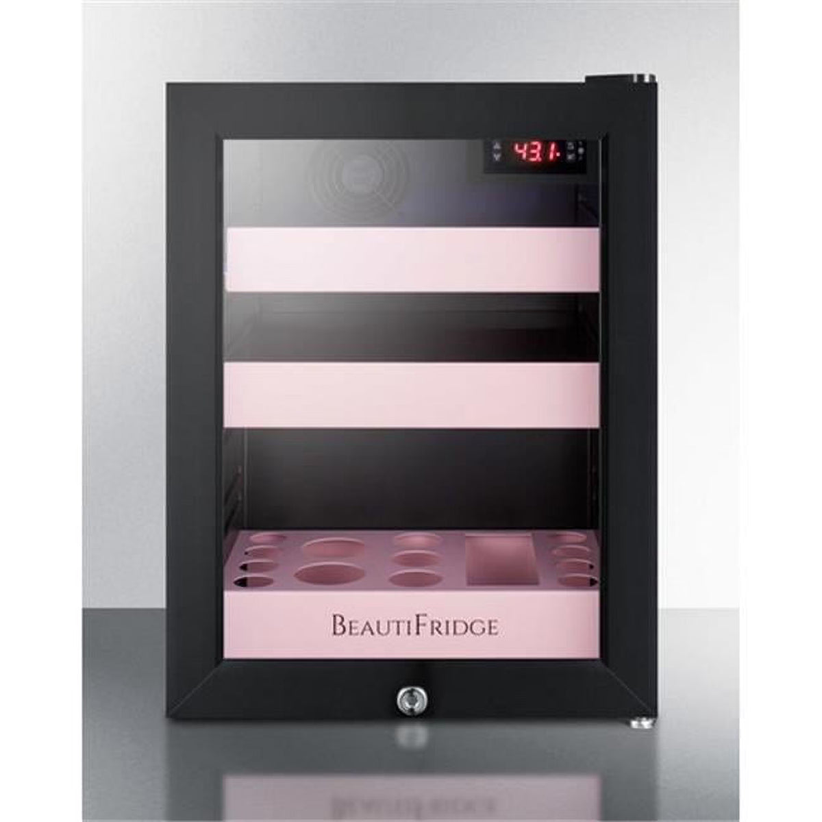 Summit Appliance  19.25 x 13.75 x 17.25 in. Beautifridge Cosmetics Refrigerator with Pink Shelving & Glass Door, Black