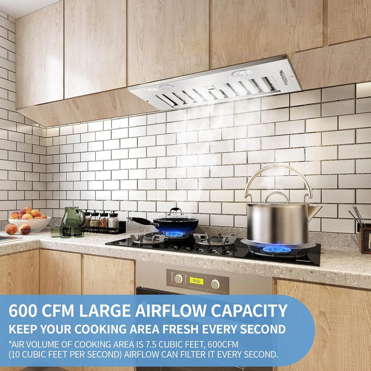 20 inch Range Hood Built-in 800CFM Stainless Kitchen Vent Exhaust 3-Speed with Led Bulb Filters 120V